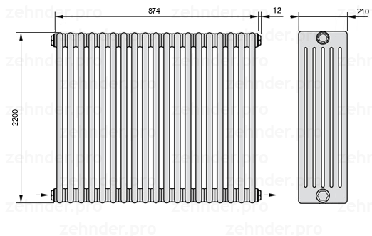 Схема (чертеж) Радиатор Zehnder Charleston 6220/19 №2670 Белый глянцевый RAL 9016